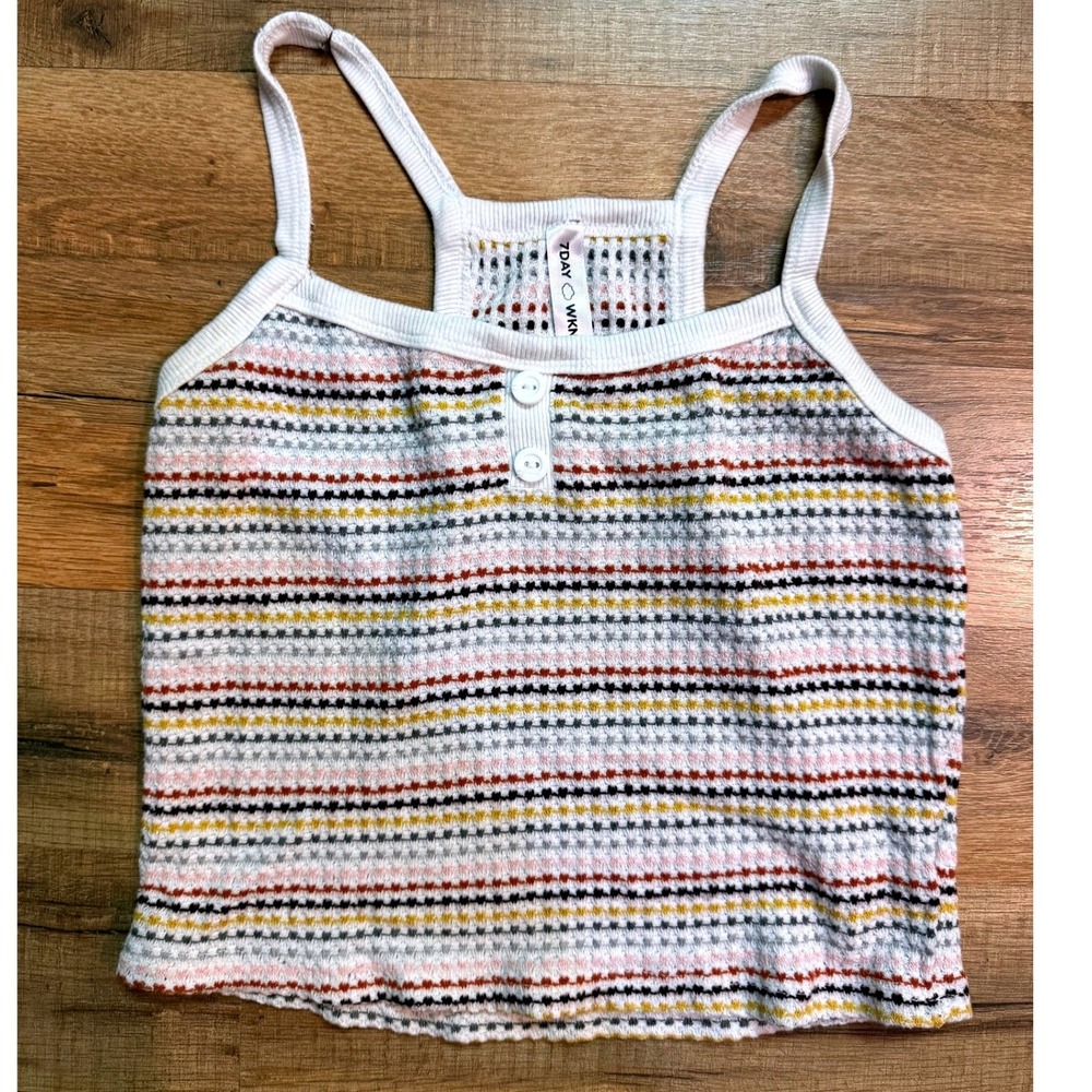 7DAY WKND Tank Top White Multicolor Striped Waffle Knit‎ Henley Racerback Boho